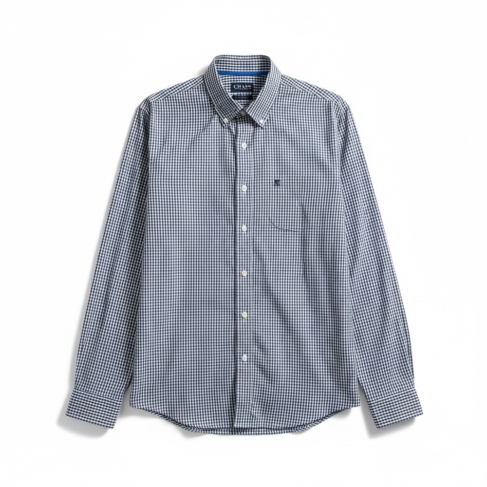 Chaps RL Easy care Stretch Men size XXL Blue and White Gingham Button-Down Shirt
